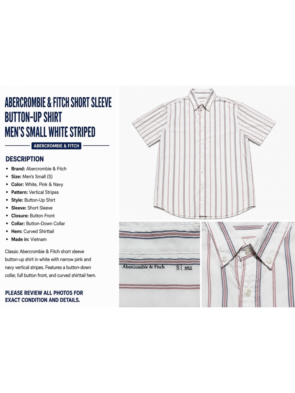 Abercrombie & Fitch Mens S White Pink Navy Striped Short Sleeve Button-Up Shirt